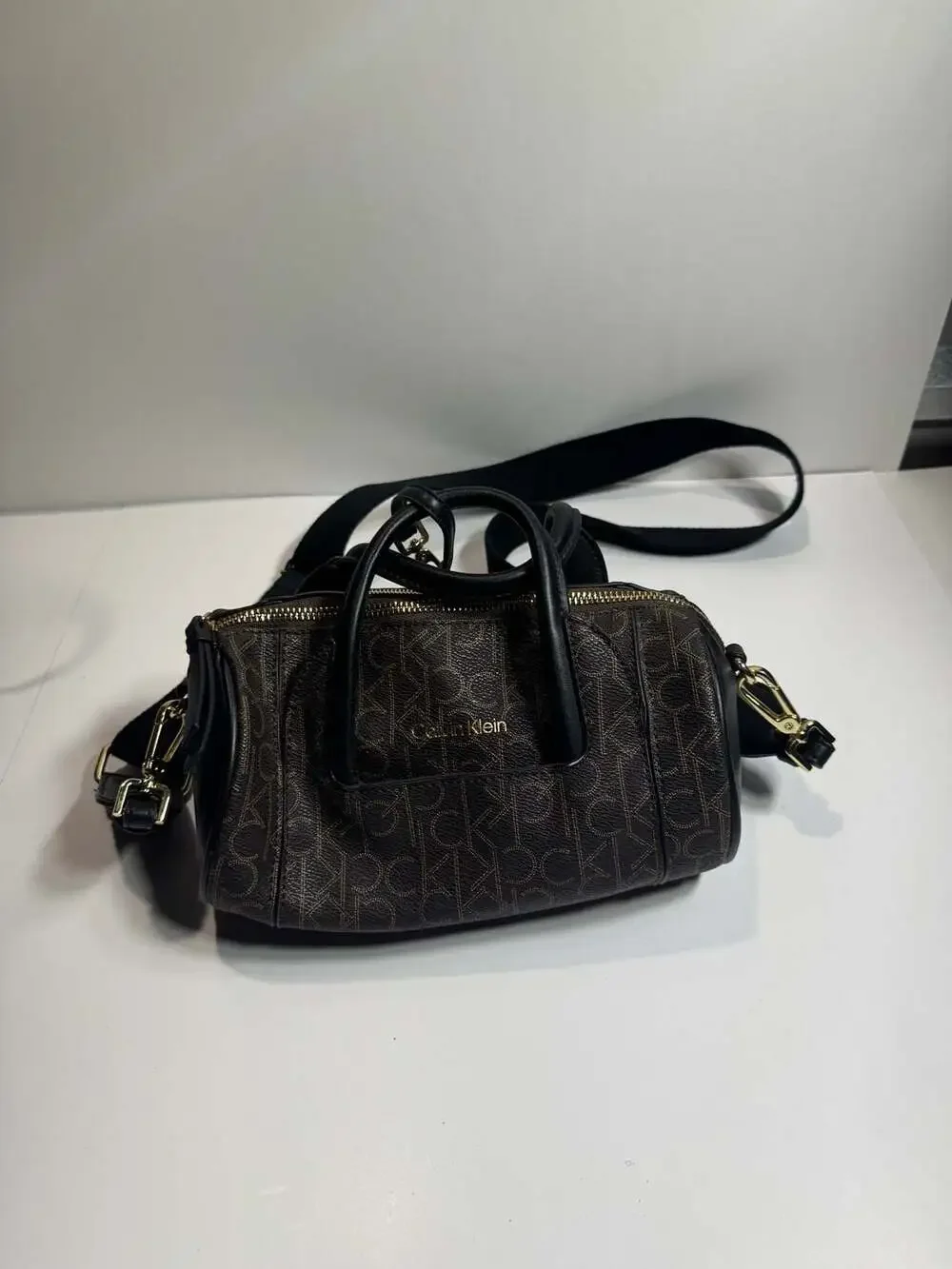 Calvin Klein Jett Monogram Logo Top Handle Satchel Crossbody Bag with Pouch